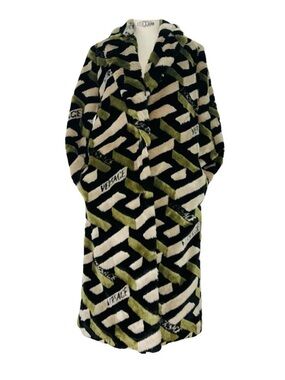 Versace Olive, Black & Cream Graphic Faux-Fur Long Cape Coat